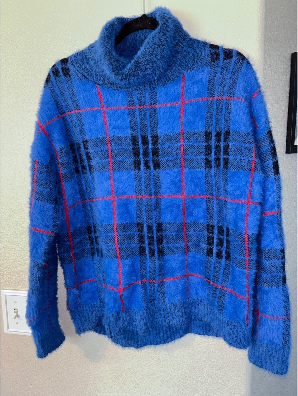 KUT from the Kloth Blue Plaid Eyelash Knit Turtleneck Sweater Size Medium